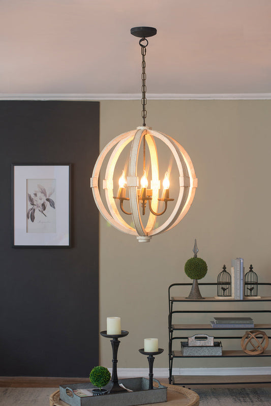 6 - Light Wood Chandelier With Adjustable Chain For Kitchen, Dining